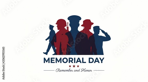 Memorial day design with silhouettes of soldiers isolated on white background