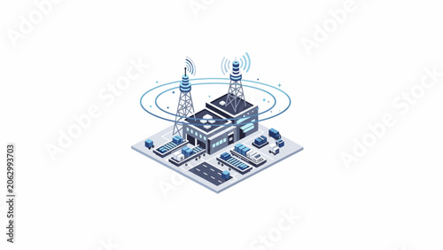 An isometric illustration of a modern industrial facility with wireless towers