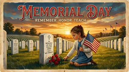 Memorial day illustration of a young girl placing flowers at a fallen soldiers grave