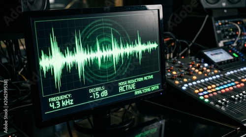 Schilderij op canvas Audio waveform on monitor with soundboard in background
