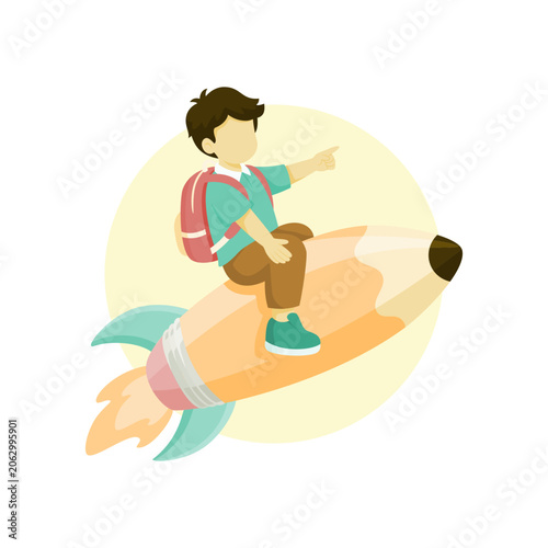 Boy riding a pencil rocket. Back to school, education and imagination concept vector art