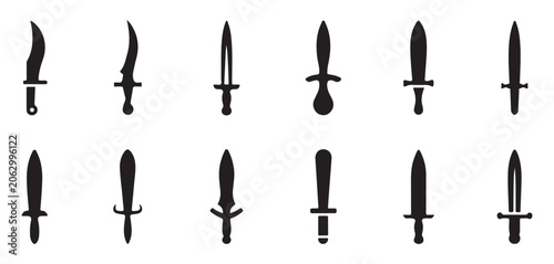 Dagger vector black silhouette icons set isolated on transparent background for games and apps.