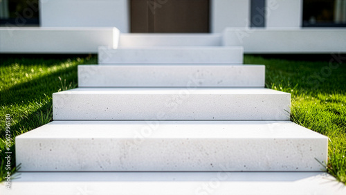 Newly installed white concrete steps lead to a modern home entrance amid lush green grass, highlighting home improvement and new step installation