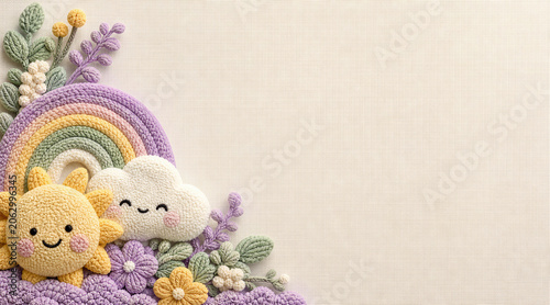 Cute Crooked 3D Rainbow with Happy Sun and Cloud Knit Background with Room for Text