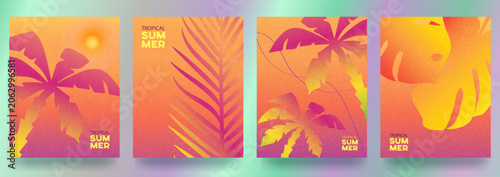 A set of summer abstract backgrounds with gradients and textures, featuring sun and palm leaves. A modern, minimalist design template for sales, horizontal posters, headers, and covers. Summertime.