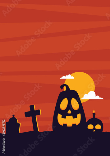 Konstfotografi Simple Halloween vertical background featuring a silhouette flat illustration of a smiling pumpkin, a skull with a candle, and gravestones set against an orange sky with a bright yellow full moon