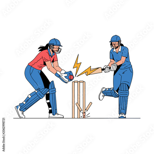 Women playing cricket fast action sports game hitting a ball with bats outdoor recreation energy