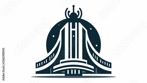 Foto A minimalist graphic illustration of a futuristic building against a dark circul