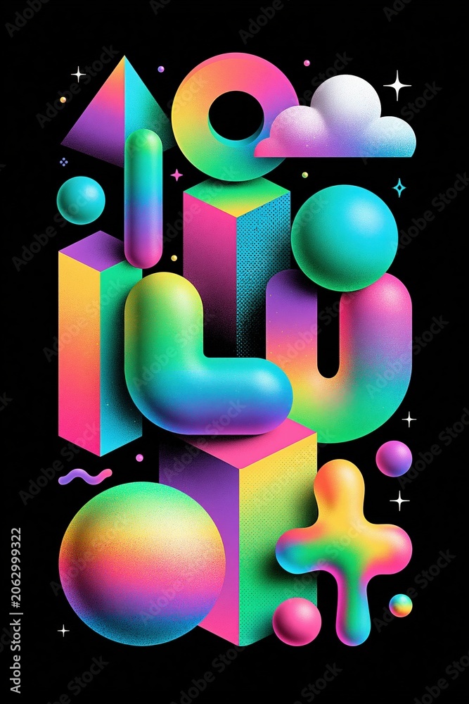 Fototapeta premium Vibrant 3D Geometric Shapes with Rainbow Gradients on Black Background, Abstract Art