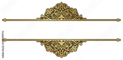 Ornate wedding invitation header and footer template with golden filigree