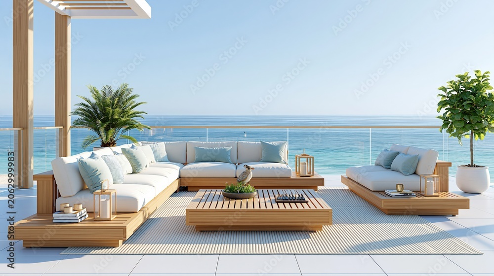 Fototapeta premium Luxury modern outdoor sectional sofa set with coffee table on a bright sunny terrace overlooking a calm blue ocean