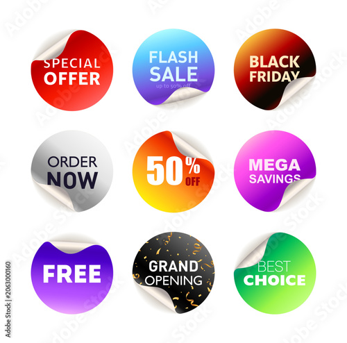 Collection of modern peel-off sale stickers and discount labels. Set features folding price tags, special offer badges, and a 50% off Black Friday banner. Perfect for retail branding and sales mockups