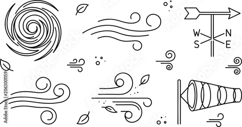 Canvastavla Wind weather climate icons set with blowing breeze hurricane vortex weathervane