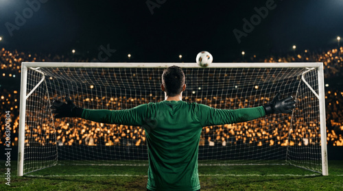 Goalkeeper arms spread back view watching crossbar rebound.