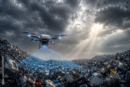 Futuristic Drone Scanning a Massive Landfill with Blue Light Under a Dramatic Sky