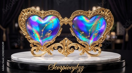 A stunning 3D render of conceptual large heart-shaped eyeglasses featuring elaborate metalwork with swirling baroque patterns and ornate decorative elements in polished gold