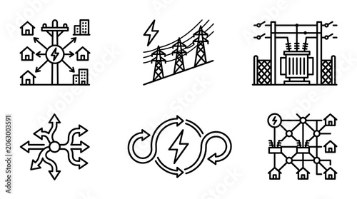 Energy distribution network icons on a blue background