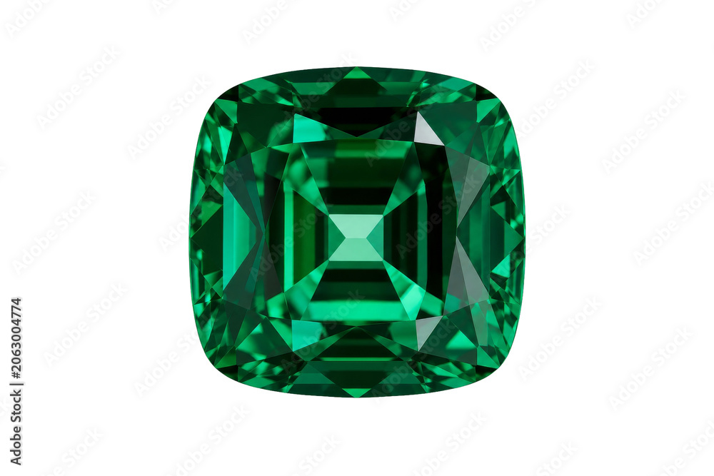 Fototapeta premium Luxurious cushion cut emerald gemstone with brilliant facets and deep green color