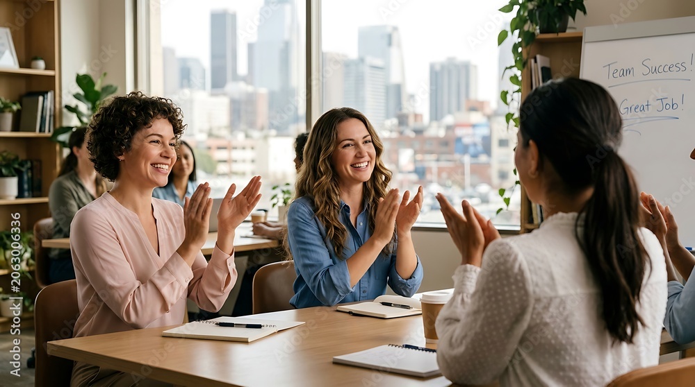 Fototapeta premium Diverse professional team celebrating success in a modern office meeting