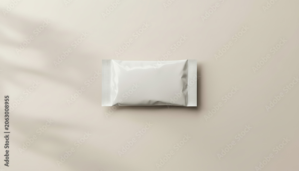 Fototapeta premium Empty silver foil pouch packaging isolated on plain white background minimal product design