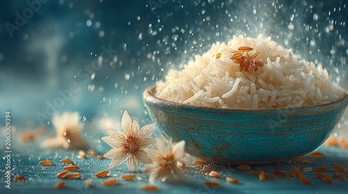 A turquoise bowl brimming with fluffy white rice, with water effect