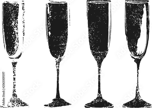 Four vertical champagne flutes silhouettes with textured black grainy effect on white background