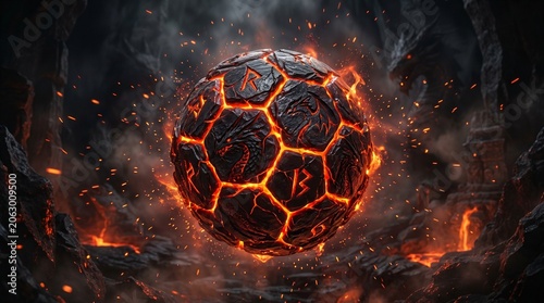 Design a legendary soccer ball forged from black obsidian and molten lava, with dragon-scale textures and fiery cracks emitting orange and red energy