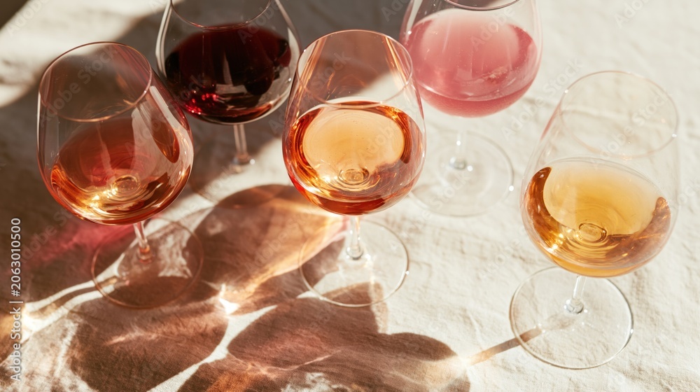 Fototapeta premium Sunlit red & rose wine in five glasses on textured white cloth