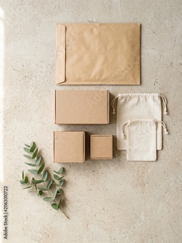 Eco Friendly Product Packaging Mockup with Cardboard Boxes and Paper Envelope