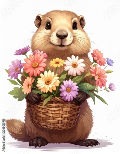 Cute rodent with flower basket