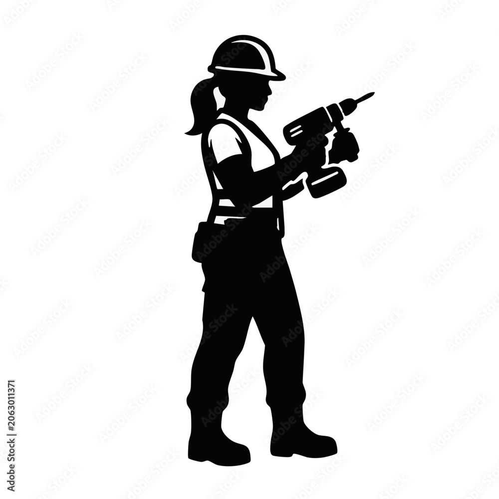 Obraz premium Female construction worker holding drill silhouette. Black flat design vector illustration. Isolated on transparent background