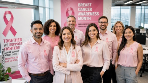 Diverse corporate team wearing pink ribbons supporting breast cancer awareness month in modern office