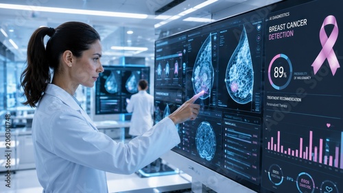 Female Medical Researcher Analyzing Breast Cancer Diagnostics on a Digital Interface in Laboratory