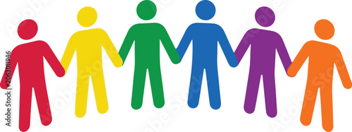 Colorful human chain holding hands, unity and diversity concept vector icon