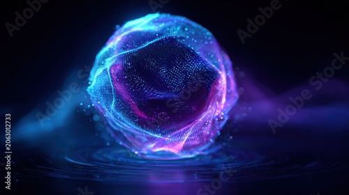 Neon futuristic 3d sphere of blue and purple glowing digital waves and particles. Future technology concept
