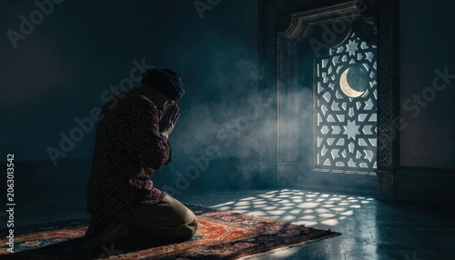 A solitary figure in prayer, bathed in divine light filtering through an ornate window with celestial motifs, symbolizing devotion and spirituality.