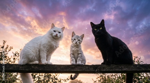 photograph white cat and light gray tabby kitten and black cat, magical morning sky