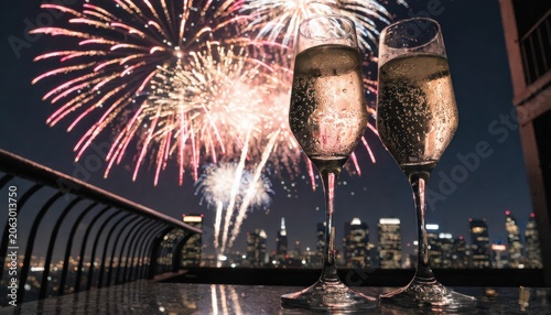 Crimson and Gold Fireworks Illuminate a Cityscape Celebration with Champagne Glasses