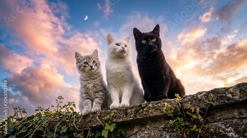 photograph white cat and light gray tabby kitten and black cat, magical morning sky