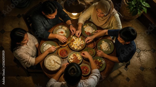 Intimate Family Meal Gathering Overhead View Captures Warmth and Connection Around a Round Table Laden with Food