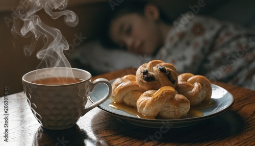 Morning comfort, warm tea and sweet pastries beside a sleeping child.