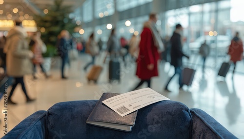 Passport and Boarding Pass Resting on a Plush Seat in a Bustling Airport Departure Lounge