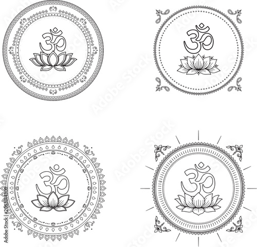 Elegant Hindu Om Emblem with Floral Decorative Outline Illustration