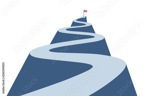 Blue zigzag mountain road path leading to peak with small red flag on summit representing success and goal achievement concept.