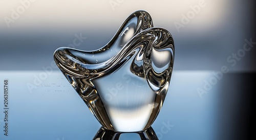 Shiny metallic sculpture on reflective surface.