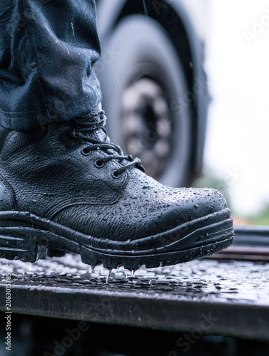 Boot rain wet slip safety truck step leather dark water