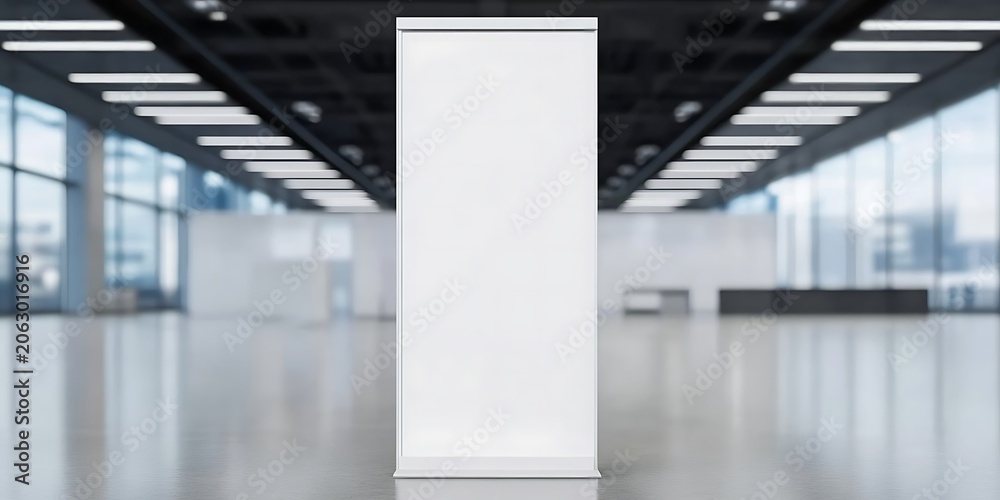 Fototapeta premium Blank white roll up banner stand in modern conference hall with natural light.