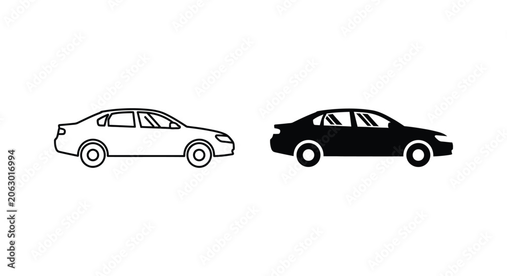 Fototapeta premium Simple black and white sedan car icons side by side
