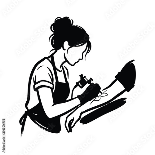 Female tattoo artist tattooing client arm. Professional line art illustration of tattoo process. Black and white vector isolated