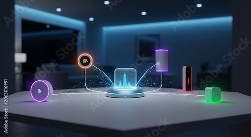 Smart home devices on a table.